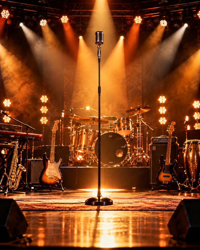 Podium met microfoon, band-instrumenten en warm goudlicht